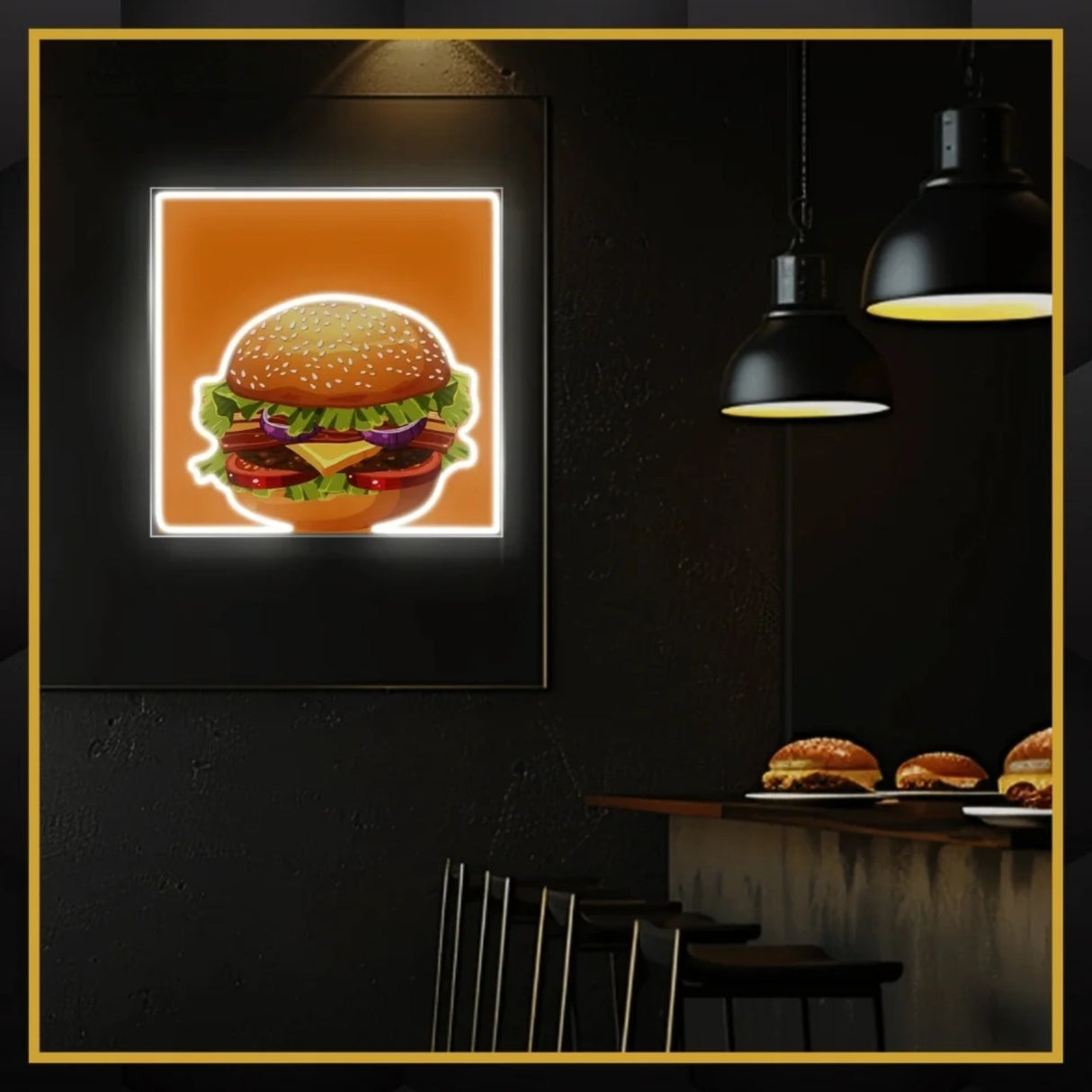 UV Neon Burger Sign - Bright UV Glow Fast Food Restaurant Decor