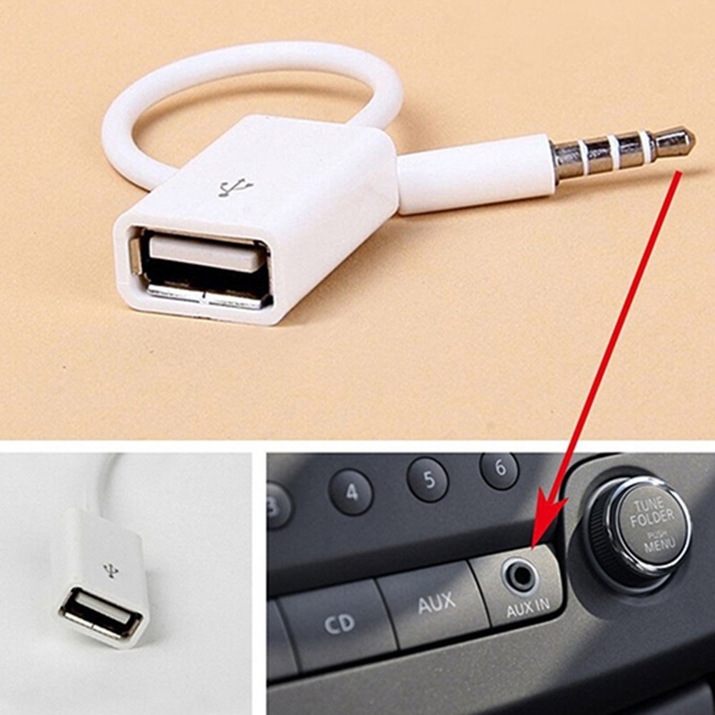 White 3.5mm male AUX audio plug to USB 2.0 Fema jack