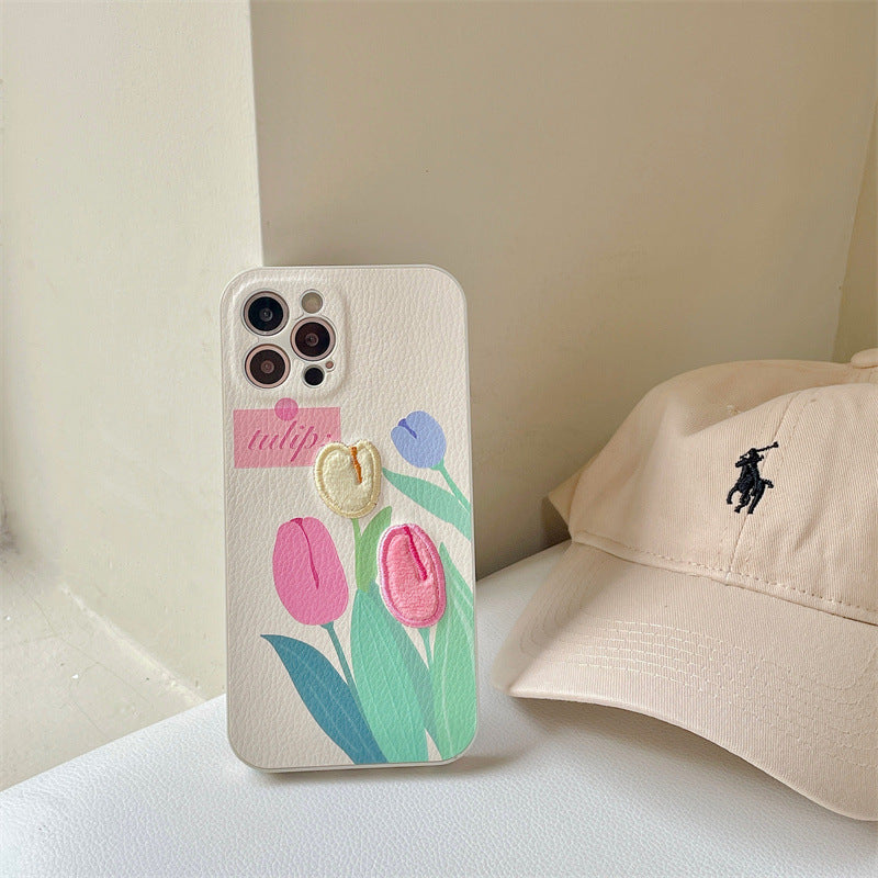 Embroidered Tulip Phone Case Floral Cover