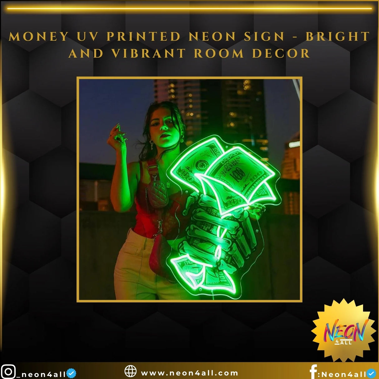 Money UV Printed Neon Sign - Bright and Vibrant Room Décor