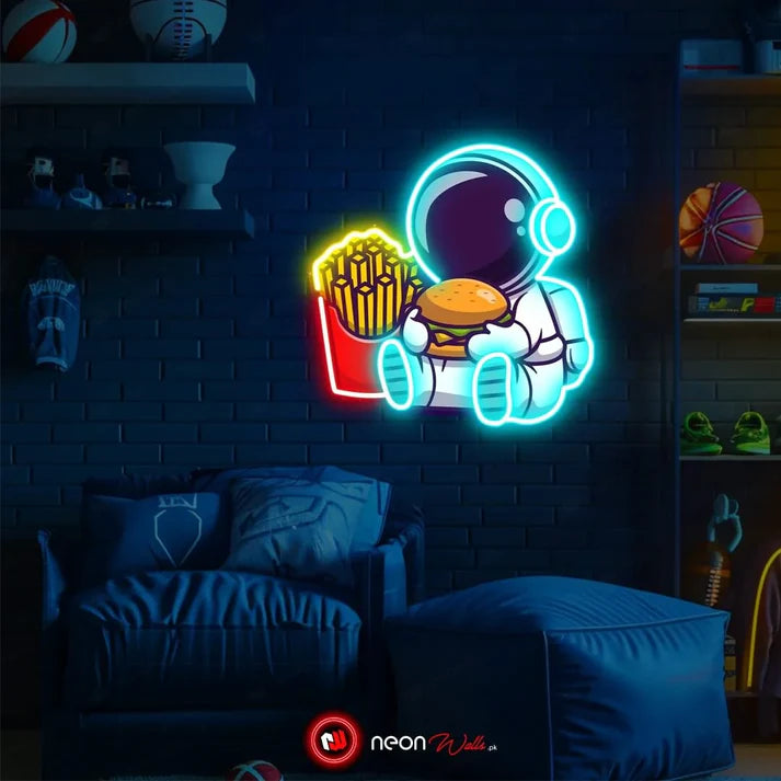 Astronaut Chillin with Burger UV Neon Sign – Brighten Your Space with Cosmic Vibes!