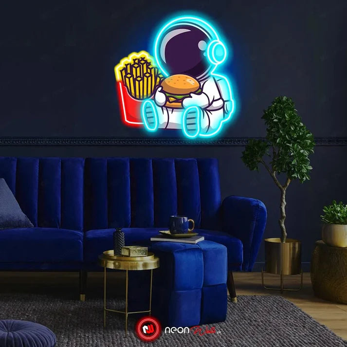 Astronaut Chillin with Burger UV Neon Sign – Brighten Your Space with Cosmic Vibes!