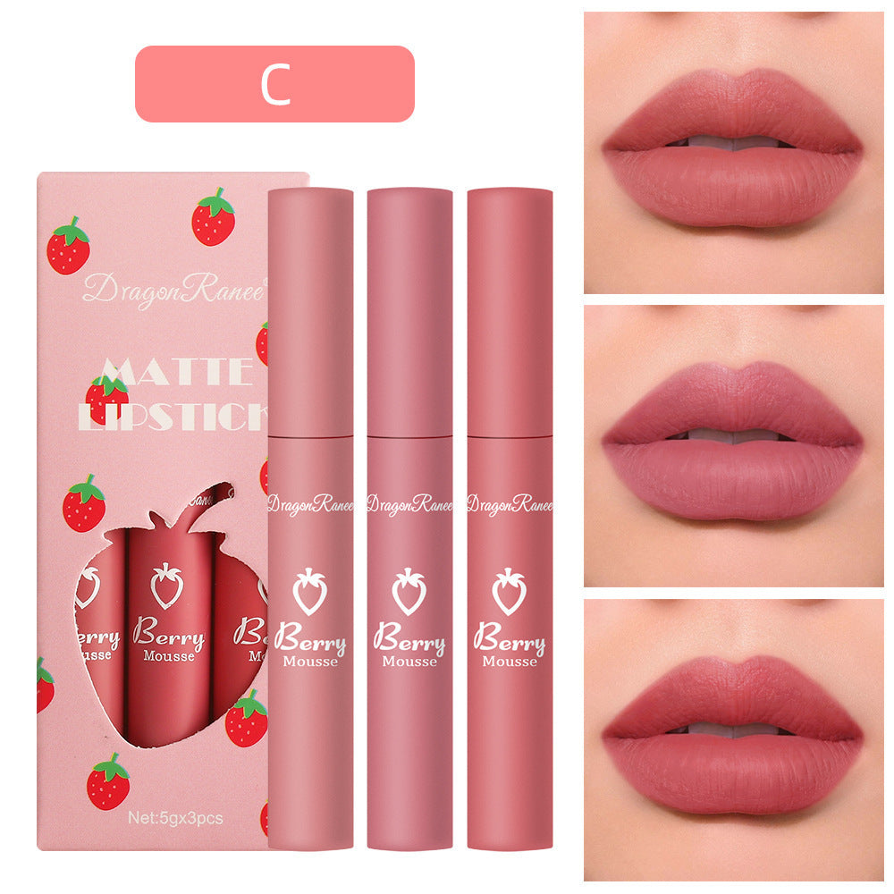 3 Strawberry Set Box Velvet Mist Matte Lip Glaze Lipstick