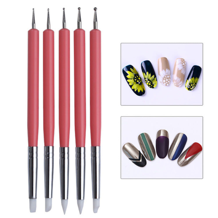 Nail Art Brush Tools Supplies 5 Sets Of Rubber Pens Dual-use Silicone Point Drill Pen Point Flower Needle Engraving Pen Hollow