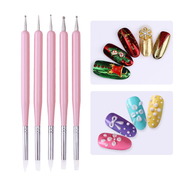 Nail Art Brush Tools Supplies 5 Sets Of Rubber Pens Dual-use Silicone Point Drill Pen Point Flower Needle Engraving Pen Hollow