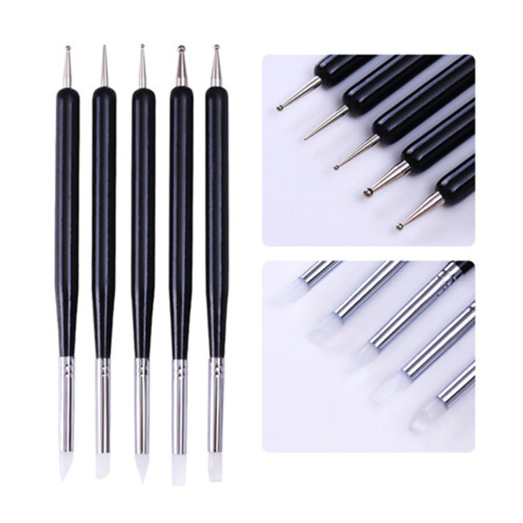 Nail Art Brush Tools Supplies 5 Sets Of Rubber Pens Dual-use Silicone Point Drill Pen Point Flower Needle Engraving Pen Hollow